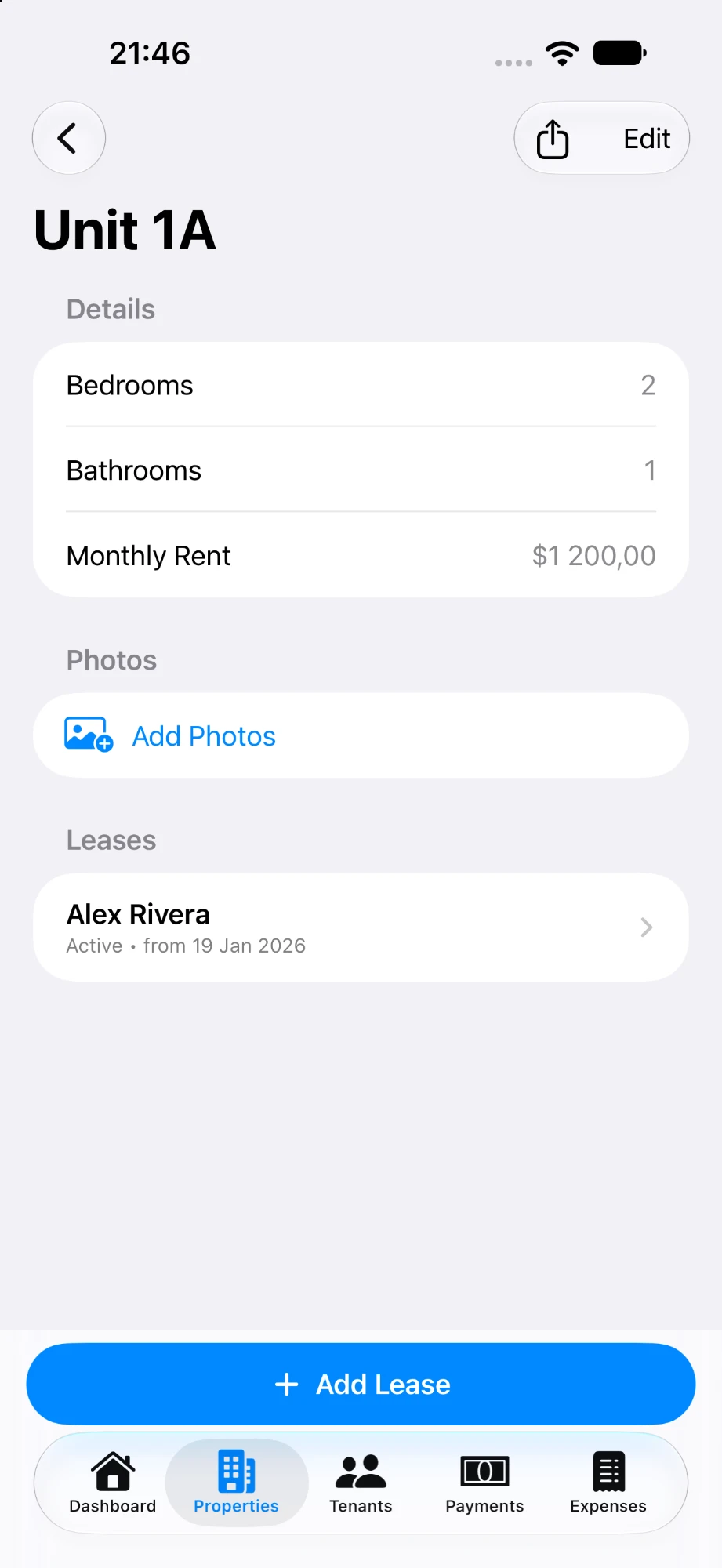 Rentey unit detail screen with bedroom and bathroom counts, photos, and lease history