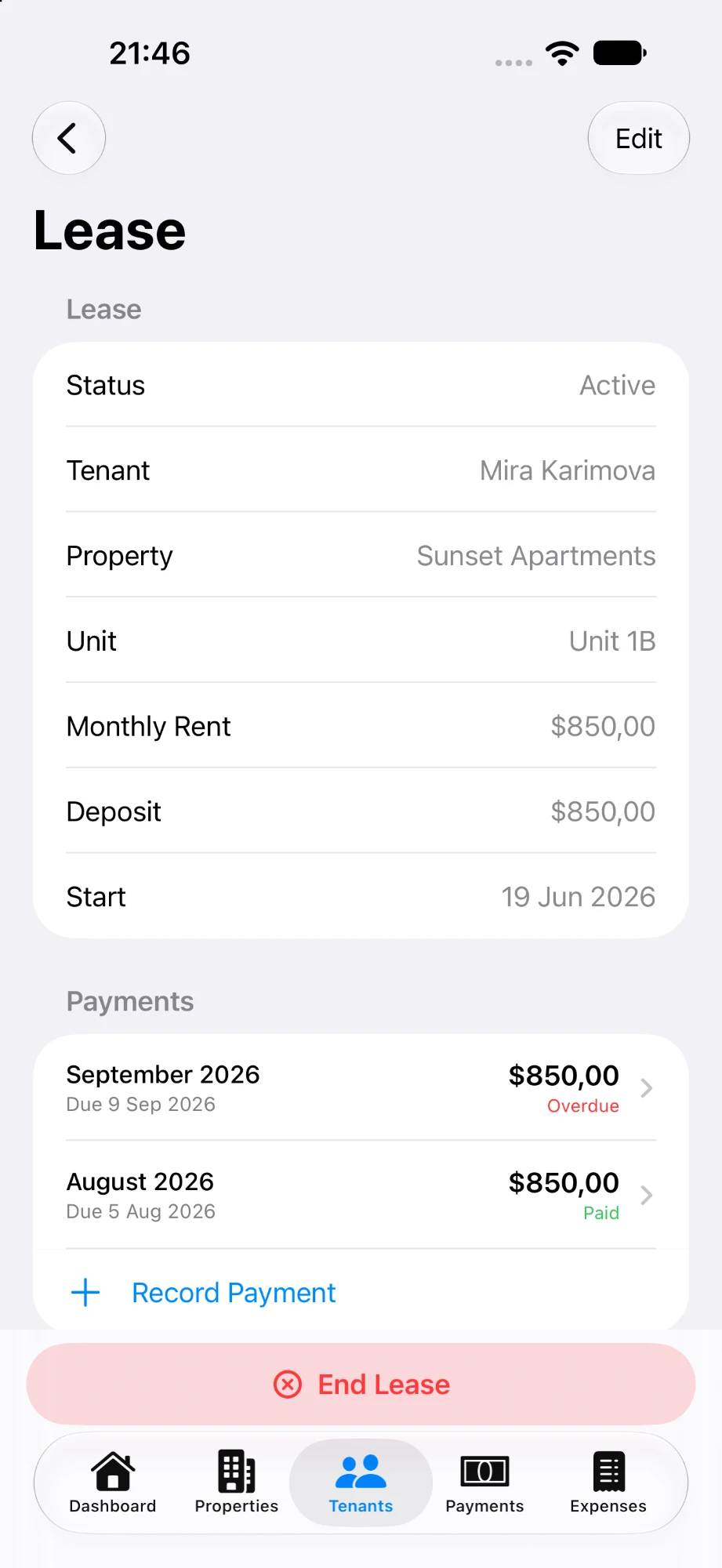 Rentey lease detail screen with tenant, property, unit, rent, deposit, and an End Lease button