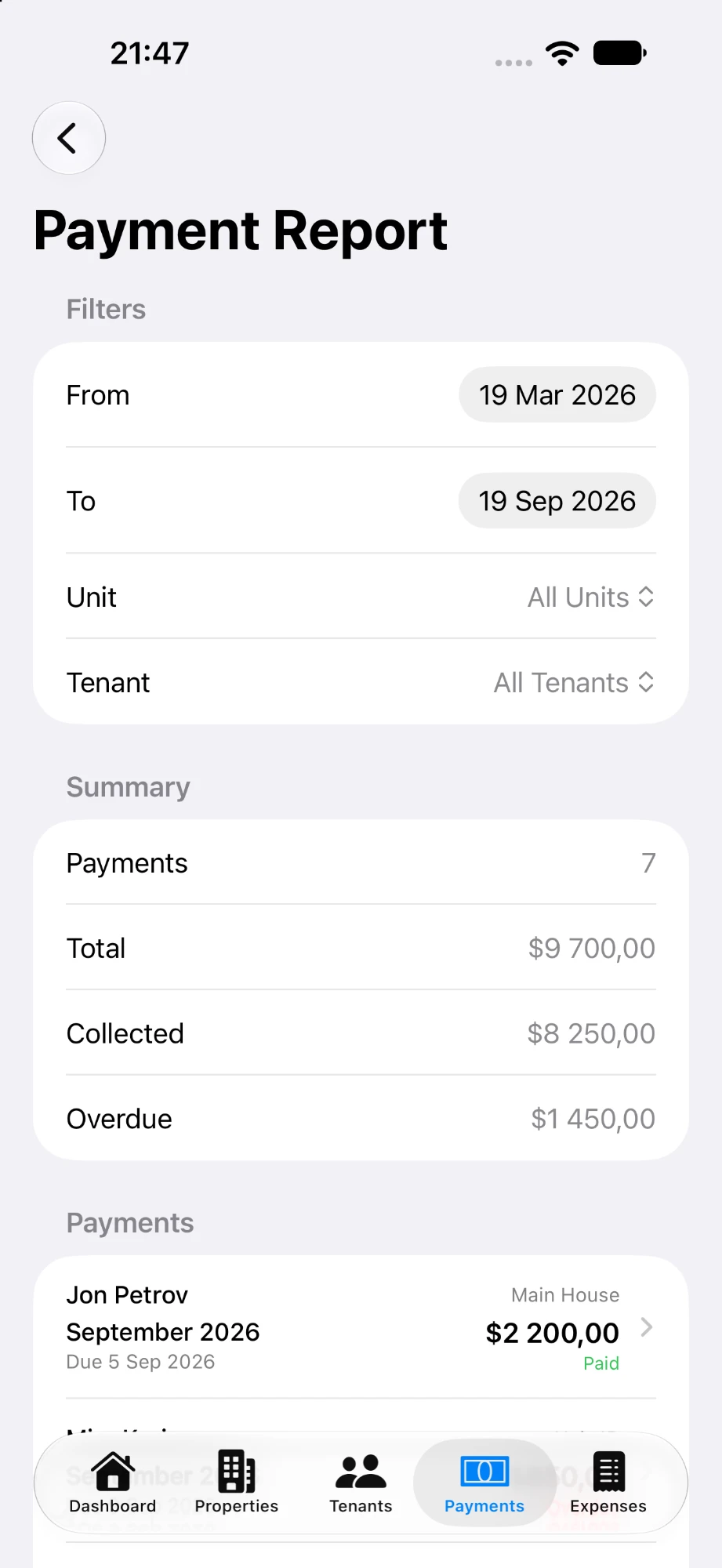 Rentey payment report with date range filters and totals due, collected, and overdue