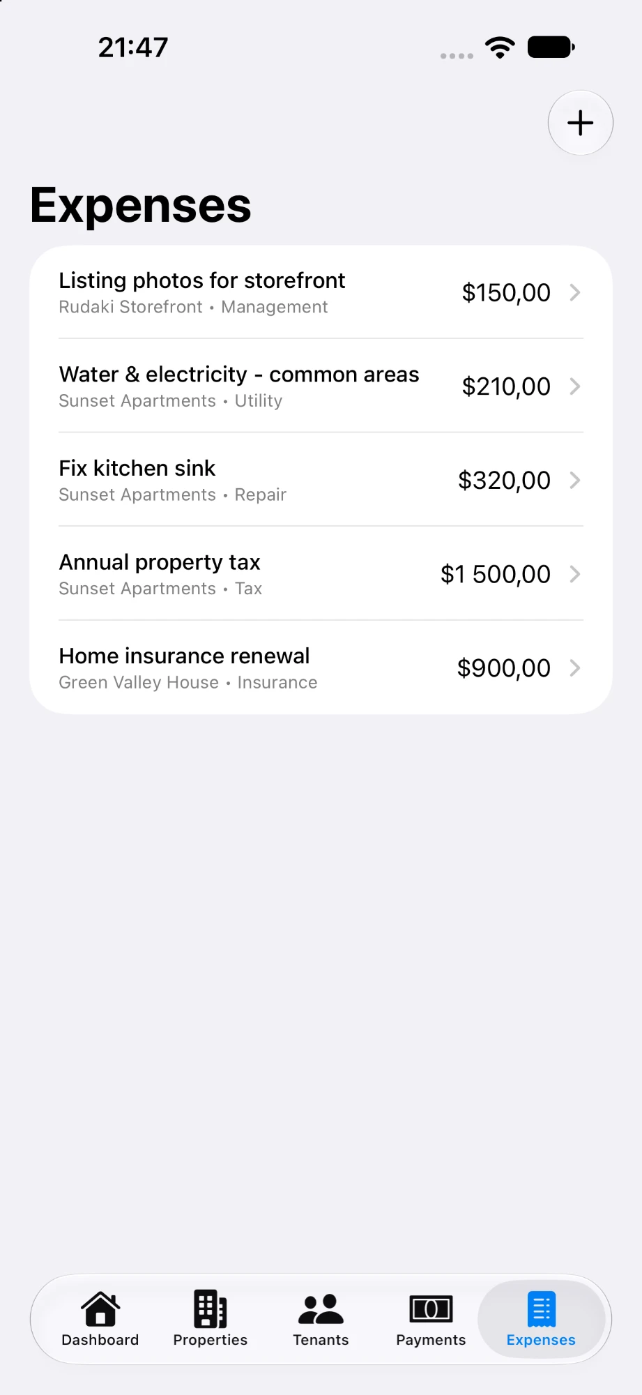 Rentey expenses list categorized by management, utility, repair, tax, and insurance
